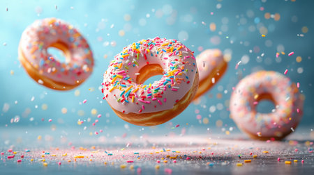 Colorful sprinkled donuts floating in the air on a vibrant blue background, creating a whimsical and delicious sceneの素材