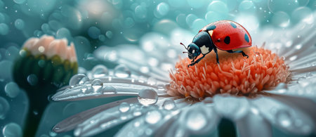 Ladybug perched on wet daisy flower petal with water droplets, closeup nature macro photographyの素材