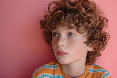 Portrait of a young boy with curly hair and freckles looking off to the side captured in a natural settingの素材