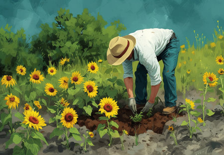 Man laboring in sunflower field under the summer sun, surrounded by vibrant yellow bloomsの素材