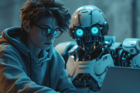 Young man in glasses looking at laptop computer with robot in background in modern office settingの素材