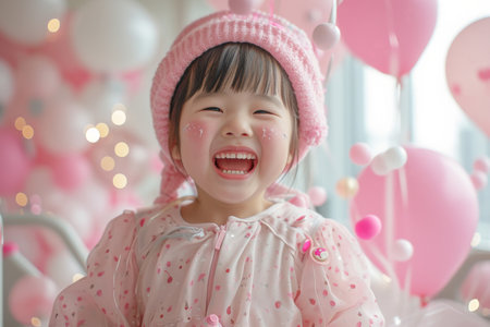 Happy Little Girl in Pink Dress Laughing and Holding Heart Shaped Balloon on a Sunny Dayの素材