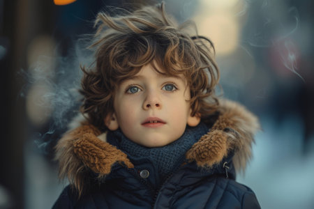 Curly Haired Boy in Jacket Blowing Smoke Out of Mouth While Looking Up at Cameraの素材