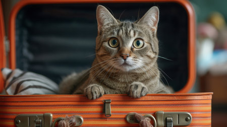 Curious cat sitting inside a bright orange suitcase, staring wideeyed at the cameraの素材