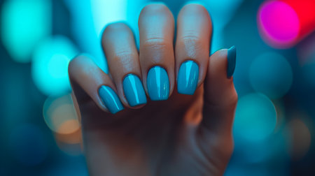 Elegant womans hand with beautifully manicured bright blue nails in closeup shotの素材