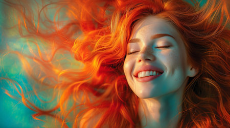 Happy woman enjoying the breeze with her red hair flowing in the wind and a joyful smile on her faceの素材