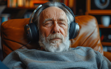 Elderly Man with Beard Listening to Music on Couch in Front of Bookshelf with Headphonesの素材