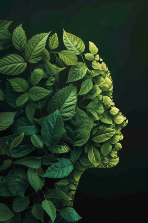 Conceptual image of a womans head composed of green leaves with the phrase green is the new black on a black backgroundの素材
