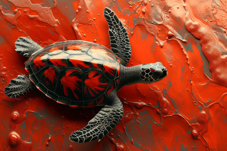 Colorful turtle resting on vibrant red and black surface with scattered paint splattersの素材