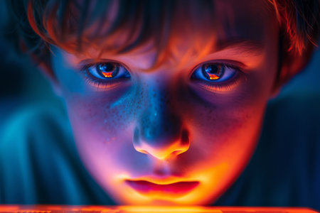 Closeup portrait of a young boy with glowing red and blue eyes looking directly at the cameraの素材