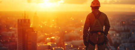 Construction worker silhouetted against setting sun on top of building overlooking city skylineの素材