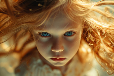 Portrait of a Beautiful Young Girl with Long Hair and Blue Eyes Looking Directly at the Cameraの素材