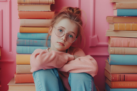 Young girl with glasses sitting on a pile of books in front of a pink wall in a cozy study roomの素材