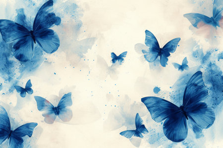 Beautiful blue butterflies fluttering in the air on a serene white and beige background paintingの素材