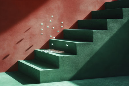 Abstract geometric staircase with vibrant red wall and scattered coins Concept of growth, success, and financial abundanceの素材