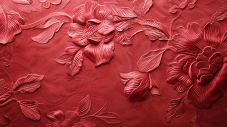 Vibrant Close up of Red Wall with Painted Flowers and Leaves for Textures and Backgroundsの素材