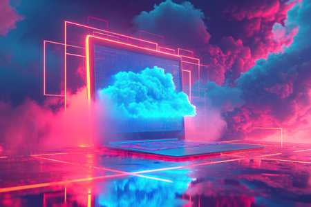Technological Connection: A Vibrant Abstract Illustration of Digital Network and Cloud Computingの素材
