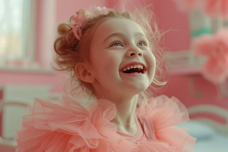 Happy little girl in pink tutu smiling and looking up at the camera in a joyful momentの素材