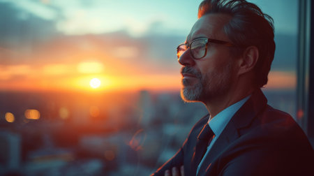 Businessman in suit and glasses watching sunset through window with thoughtful expression in office settingの素材