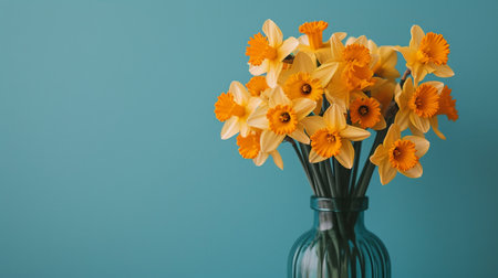 Beautiful yellow daffodils in a glass vase on a vibrant blue background for spring decorの素材