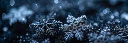 Enchanting winter wonderland with snowflakes falling gently against a dark background with sparkling bokeh lightsの素材