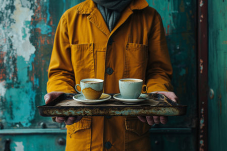 Man in yellow coat holding two cups of coffee in front of grungy brick wall on a chilly morningの素材