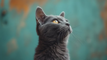 Curious gray cat gazing up against lush green backdrop with blue sky, inquisitive feline in natural setting observing somethingの素材