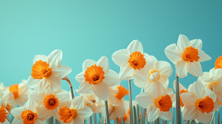Field of White and Orange Daffodils Blooming Against a Bright Blue Sky in Springtimeの素材