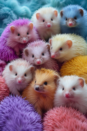 Group of hedgehogs sitting on colorful fur pile in cute and playful scene of nature wildlife gatheringの素材