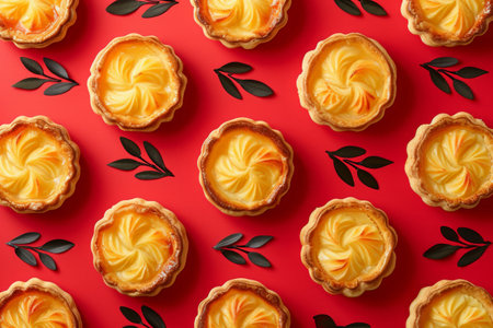Delicious cheese tarts arranged on a vibrant red background, seen from above in a flat lay styleの素材