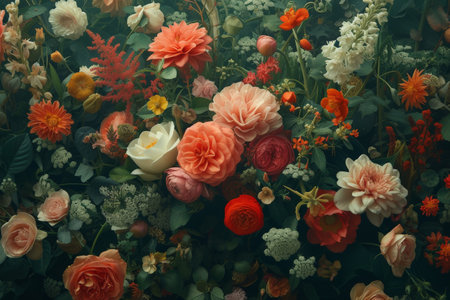 Dark Room with Lush Green and Vibrant Red Flowers Bunch Arrangement for Atmospheric Interior Design Conceptの素材