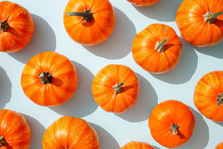 Circle of Orange Pumpkins under the Sun on White Surface, Autumn Harvest Still Life Concept with Copy Spaceの素材