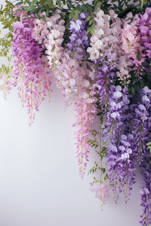 Beautiful Purple and Pink Wisteria Flowers Hanging Against White Wall Background in Garden or Parkの素材