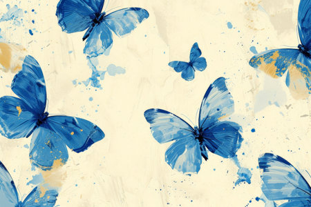 Elegant blue and gold butterflies on beige background with splatters of paintの素材
