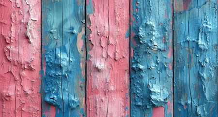 Colorful Painted Wooden Wall with Blue, Pink, and Red Paint Abstract Background Texture for Design Inspirationの素材