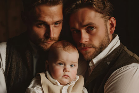 Father and Sons Love: A Portrait of a Young Caucasian Dad, Cuddling and Hugging his Cute Little Boy, Creating a Beautiful Bond in their Cozy Homeの素材