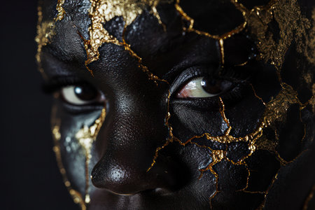 Golden Masked Beauty: A Captivating Portrait of a Young Woman with Abstract Black and Gold Body Paintの素材