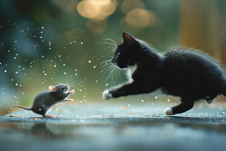 Playful Duo in the Green Garden: Adorable Cats Enjoying a Summer Day Outdoorsの素材