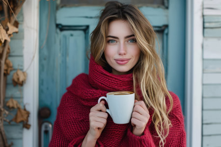 Gorgeous Young Woman Enjoying Hot Coffee, Holding Cup, Portrait of Attractive Lady in Stylish Winter Fashion, Relaxing in Outdoor Cafe with Thoughtful Expression, Charming Autumn Backgroundの素材