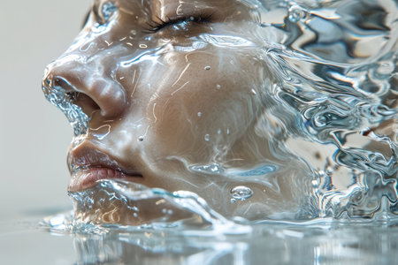 Refreshing Splashes of Water: A Caucasian Womans Hygiene and Beauty Ritual in a Blue Bathroomの素材