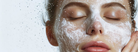 Beauty Portrait: Young Woman Enjoying a Relaxing Facial Spa Treatment, Applying Cosmetic Mask for Healthy, Clean, and Radiant Skin Careの素材