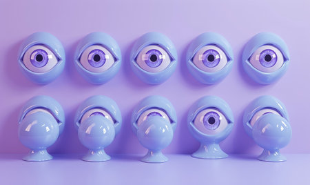 Row of Mysterious Blue Eyes on Vibrant Purple Surface with Matching Background, Surreal 3D Renderingの素材