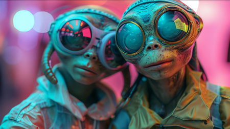 Extraterrestrial Friendship Two aliens with glasses holding hands against a pink neon backgroundの素材