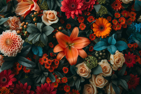 Beautiful vibrant and colorful flowers on a dramatic black background, captured from a topdown perspectiveの素材