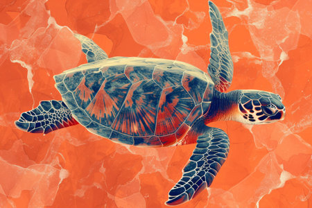 Vibrant painting of a sea turtle swimming gracefully on a bright orange background with the words sea turtle writtenの素材