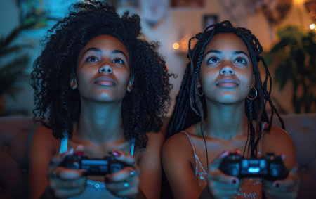 Happy females enjoying online shopping together, smiling and having fun at home with technology and togethernessの素材