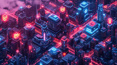 Digital Cityscape: Futuristic Network of Blue Skyscrapers in Cyberspaceの素材