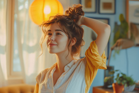 Beautiful Young Caucasian Womans Serene Relaxation at Home, Enjoying Summer Morning by the Sunlit Windowの素材