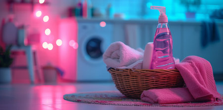 Basket of cleaning supplies in front of pink light on floor concept for household chores and cleanlinessの素材