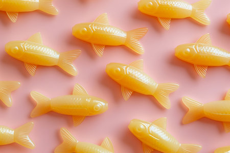 Colorful Yellow Fish Shaped Candies Arranged on Vibrant Pink Background, Top View, Sweet Treats for Summer Celebrationinsの素材